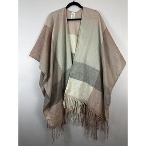 WOOLRICH‎ Dusty Pink Color Block Blanket Shawl Cardigan w/Fringe Poncho Wrap O/S